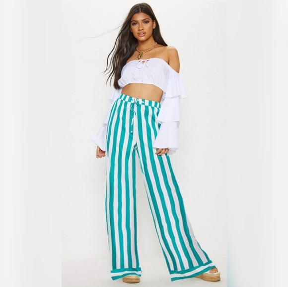 akeelahscloset Pants - Green drawstring waist stripe wide leg pants